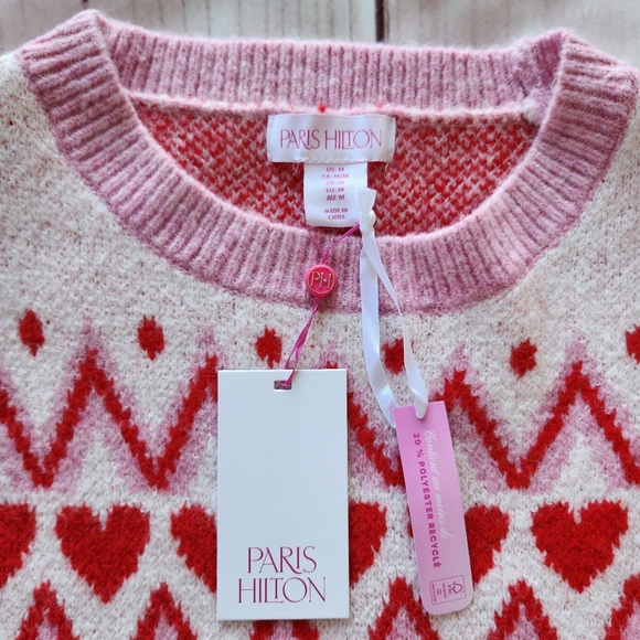 NWT Paris Hilton Pullover Crewneck Sweater Pink Hearts Bows | Women's Size M - Picture 6 of 10